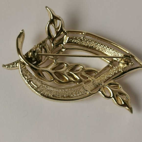 STUNNING Vintage Signed Coro Rhinestone And Beaded Gold Tone Leaf Brooch - Picture 4 of 6